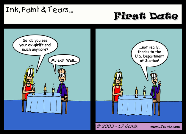 Comic for 2/19/2003 : First Date (keywords: kellie, mark, dating, date, ex-girlfriend, department of justice, stalking)