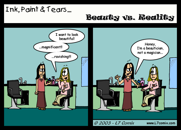 Comic for 6/4/2003 : Beauty Vs. Reality (keywords: kellie, beauty shop, haircut, beautician, magician, nice hair)