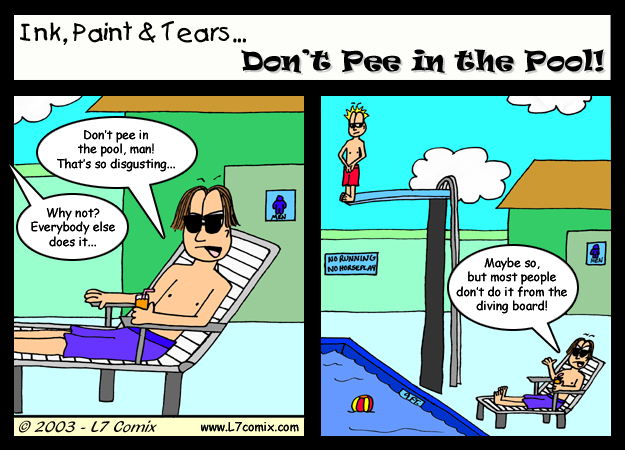 Comic for 7/2/2003 : Don't Pee in the Pool! (keywords: mark, sean, pee, pool, diving board, public, wee wee see)