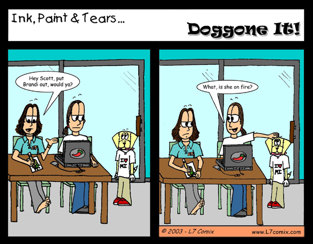 Comic for 8/25/2003 : Doggone It! (keywords: scott, lori, brandi, fire, happy birthday)