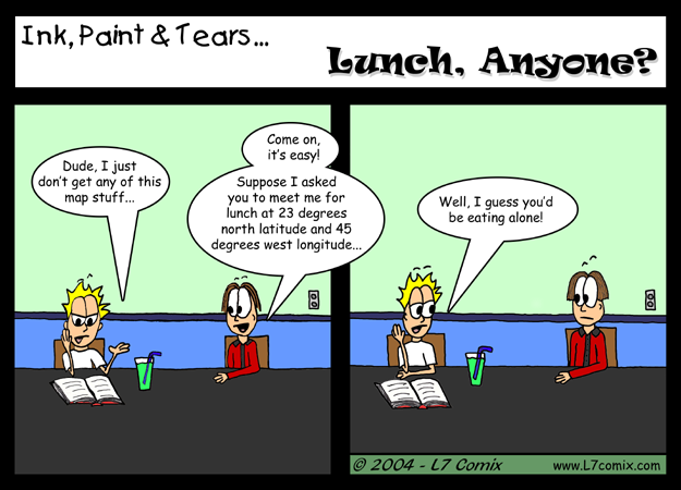 Comic for 3/31/2004 : Lunch, Anyone? (keywords: sean, mark, lunch, maps, latitude, longitude)