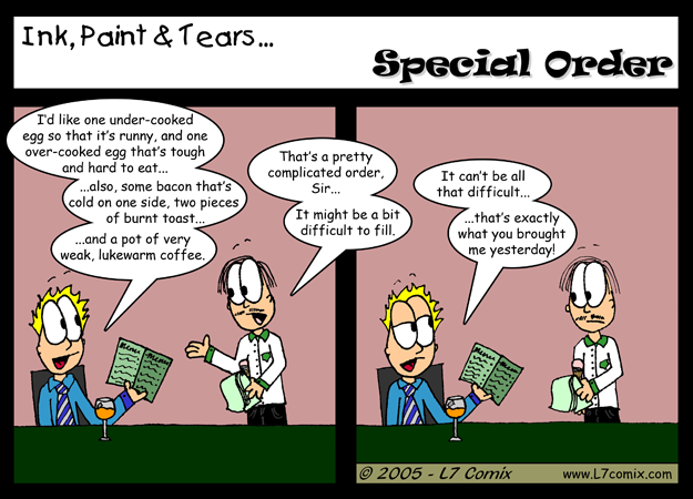 Comic for 9/23/2005 : Special Order (keywords: sean, howard, waiter, restaurant, bad service)