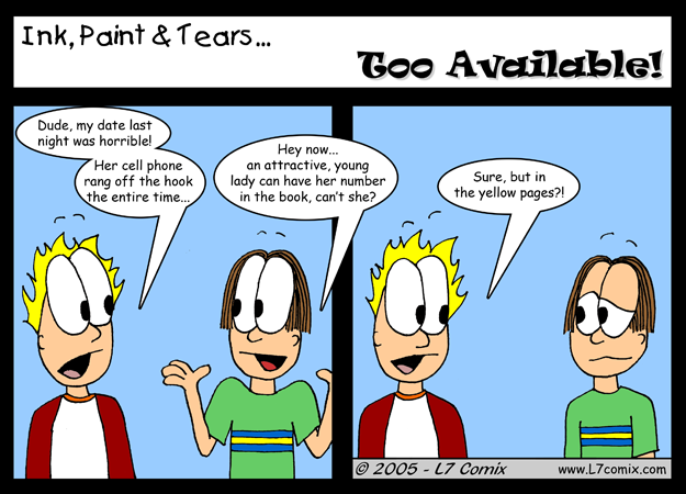 Comic for 10/14/2005 : Too Available! (keywords: Mark, Sean, cell phone, date, yellow pages)