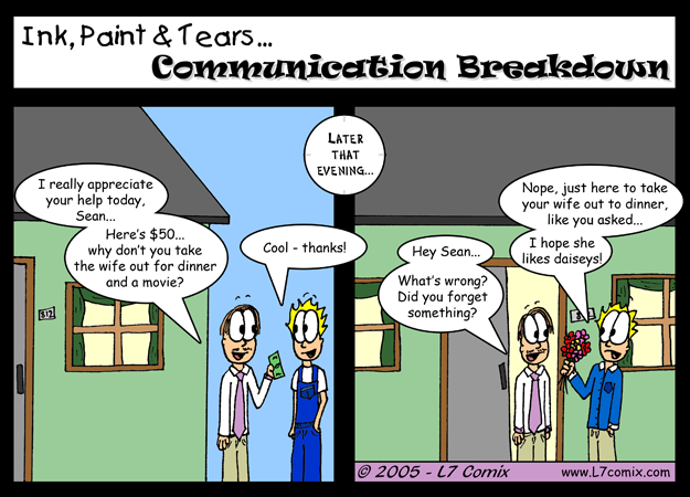 Comic for 11/11/2005 : Communication Breakdown (keywords: howard, office, sean, flowers, wife, dinner and a movie, daiseys)