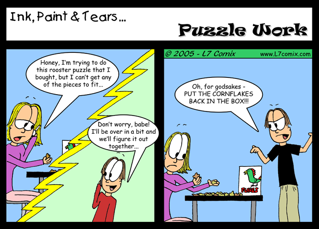 Comic for 12/2/2005 : Puzzle Work (keywords: kellie, mark, cornflakes, rooster, blonde)