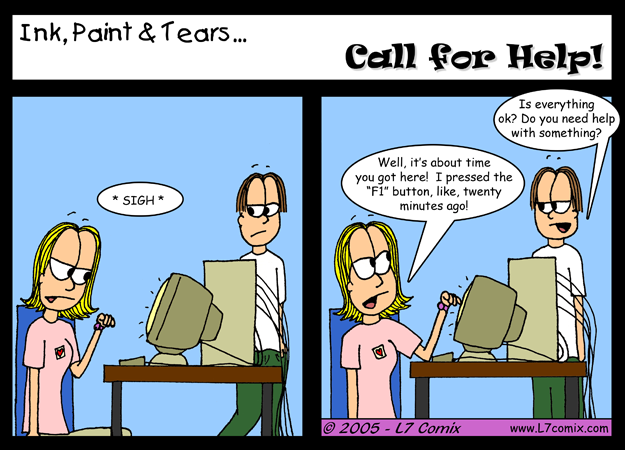 Comic for 12/30/2005 : Call for Help! (keywords: kellie, mark, computer, f1, help, blonde)