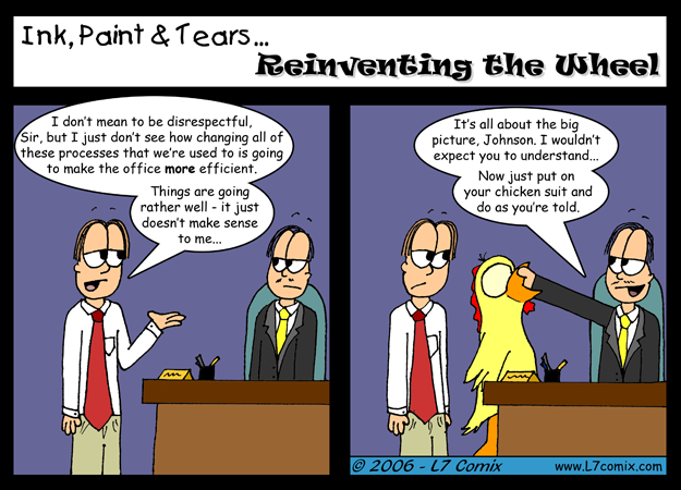 Comic for 3/10/2006 : Reinventing the Wheel (keywords: howard, business, office, process, efficiency, chicken suit)