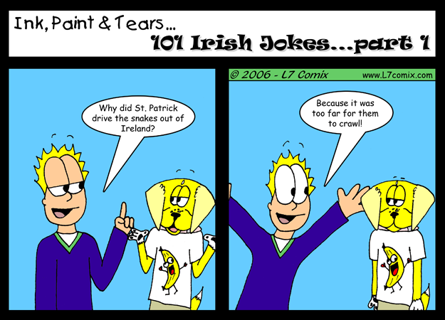 Comic for 3/16/2006 : 101 Irish Jokes...part 1 (keywords: sean, brandi, st patrick, ireland, snakes, crazy banana man)