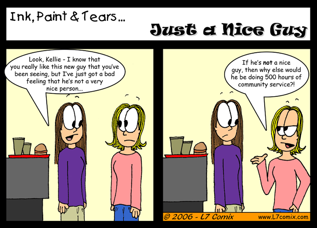 Comic for 4/14/2006 : Just a Nice Guy (keywords: lane, kellie, dating, new guy, community service, jail bird, blonde)