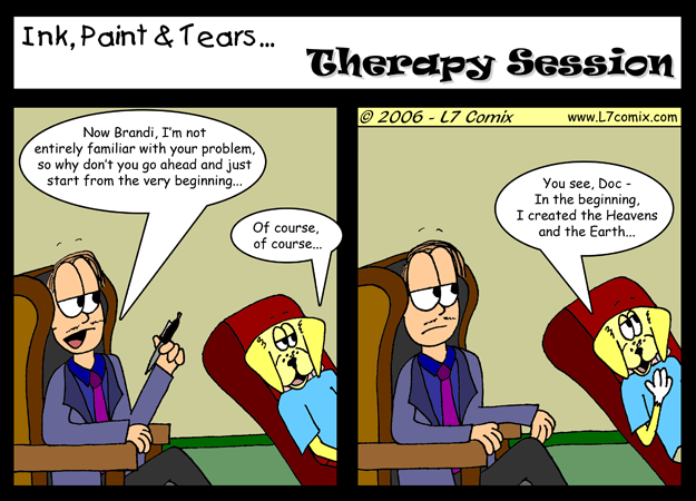 Comic for 6/16/2006 : Therapy Session (keywords: howard, brandi, therapy, god complex, heaven, earth, the beginning)