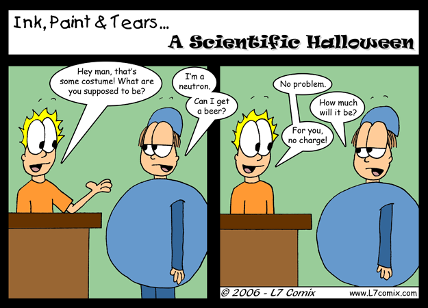 Comic for 10/27/2006 : A Scientific Halloween (keywords: sean, mark, halloween costume, beer, neutron, science)